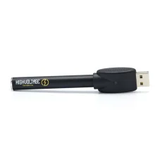 A black High Voltage Extracts 510 battery lying horizontally, featuring a USB charging head on one end. The battery is sleek, with a small High Voltage Extracts logo printed in yellow near the middle of the body
