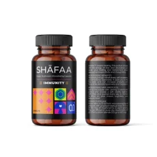 Front and back view of SHAFAA Immunity Microdosing Psilocybin Capsules bottle with colorful design and label showing the product's ingredients and microdosing benefits.