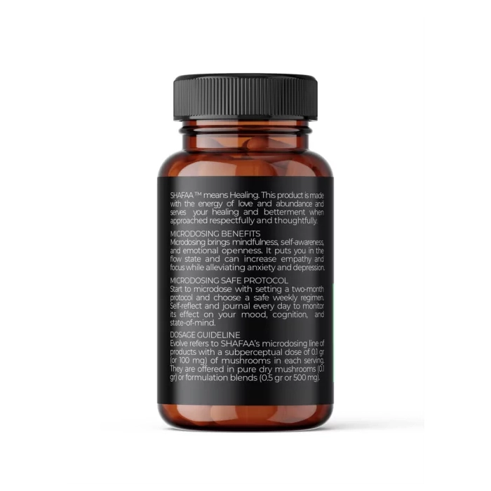 Back view of SHAFAA Immunity Microdosing Psilocybin Capsules bottle displaying product information, including psilocybin mushroom dosage and ingredients.