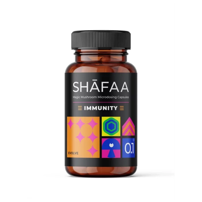 Front view of SHAFAA Immunity Microdosing Psilocybin Capsules bottle with colorful label and clear dosage guidelines.