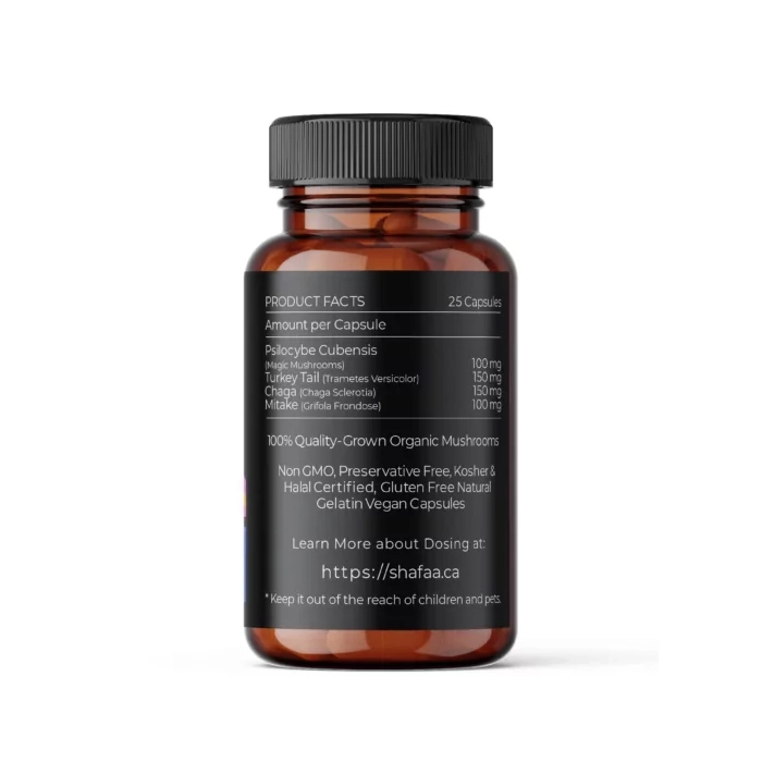 Back view of SHAFAA Immunity Microdosing Psilocybin Capsules bottle detailing the ingredients per capsule and other product facts.