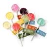 An assortment of Kush Kitchen's Weed Lollipops in various colors and flavors, including peach, watermelon, cherry, grape, lime, and blueberry. Each lollipop is individually wrapped, with colorful labels indicating the flavor and 'medicated lollipop' written on the tags