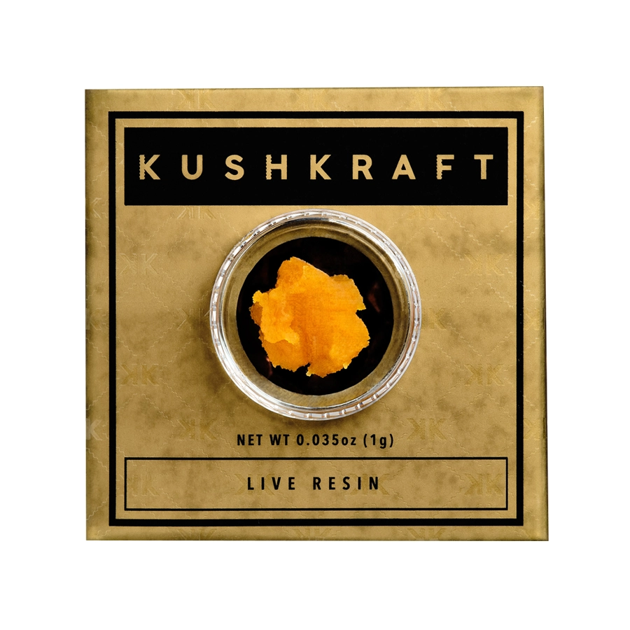 Packaging image of Kush Kraft Top Shelf Live Resin in a small glass jar, displayed on gold and black packaging. The live resin has a sticky, yellow-orange appearance, indicating its high terpene content.