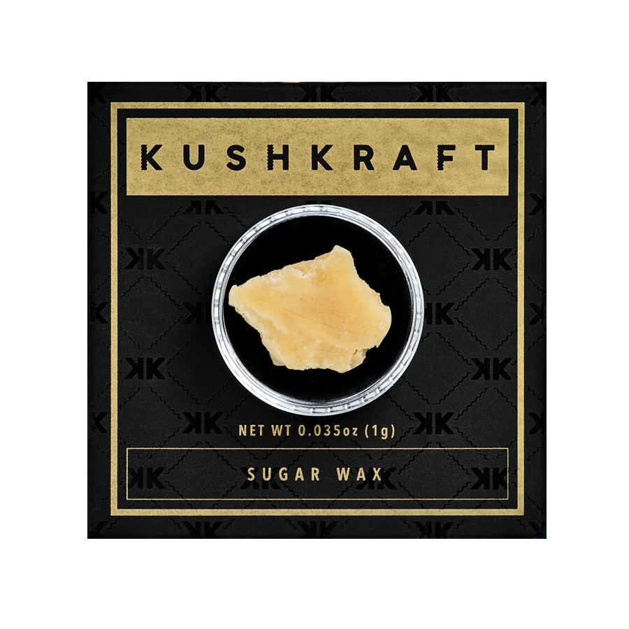 Kush Kraft Sugar Wax THC in a 1g clear glass container, displayed on black and gold packaging with Kush Kraft branding. The concentrate has a grainy, sugar-like texture, ideal for easy handling and potent flavor