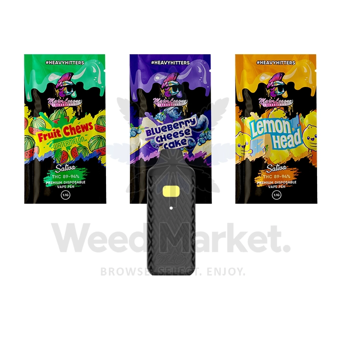 Major League Wax Pen Sativa Disposable Vape Pens featuring three flavor packs—Fruit Chews Watermelon, Blueberry Cheesecake, and Lemon Head—each containing THC 89-94%, with a sleek black disposable pen in the center.