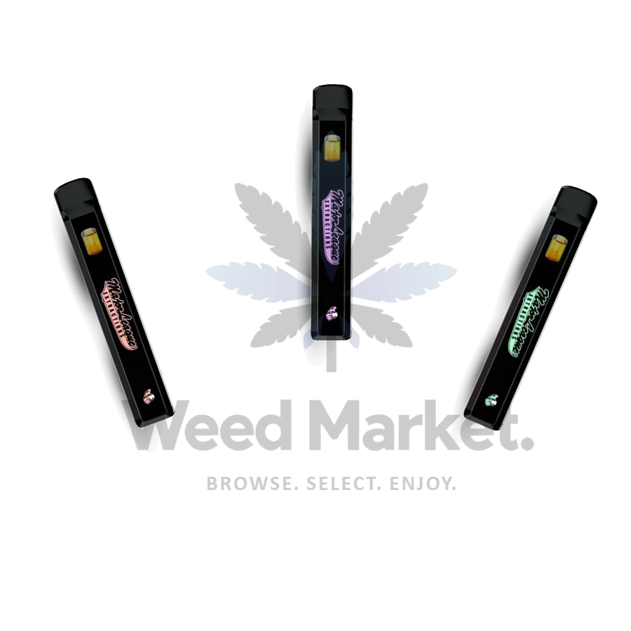 Three black sleek disposable vape pens from Major League Extractions, angled and displayed on a white background, featuring different strain labels.