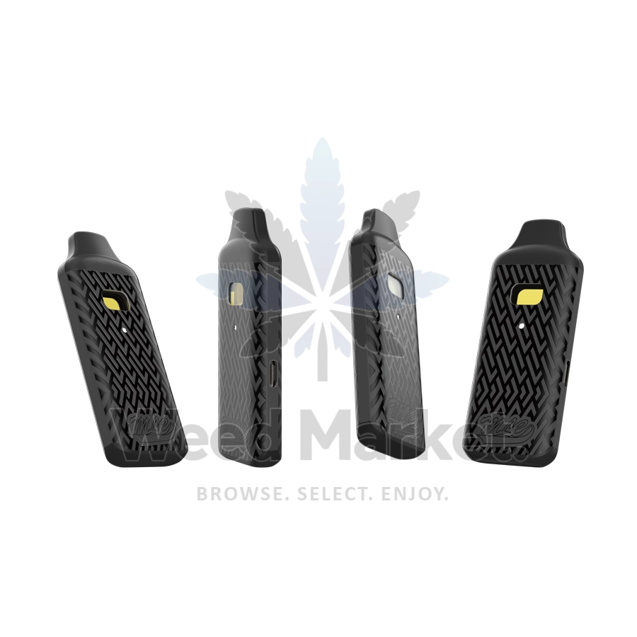 Four black durable vape devices from Major League Extractions, showing front, back, and side views with a stylish pattern and yellow button design on a white background.