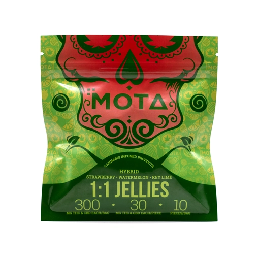 ackaging of MOTA 1:1 THC CBD Jellies from Weed Market, featuring hybrid flavors of strawberry, watermelon, and key lime