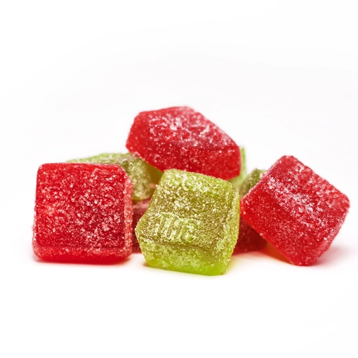 Close-up of MOTA 1:1 THC CBD Jellies from Weed Market in red and green colors