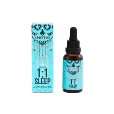 Front view of Mota Kush Oil 1:1 Sleep Tincture box and bottle. The box is turquoise with a sugar skull design and displays '1:1 Sleep' along with '150 mg of Melatonin, 500 mg of THC, and 500 mg of CBD.' The amber tincture bottle has a matching turquoise label and a black dropper cap, showcasing the same 1:1 Sleep details