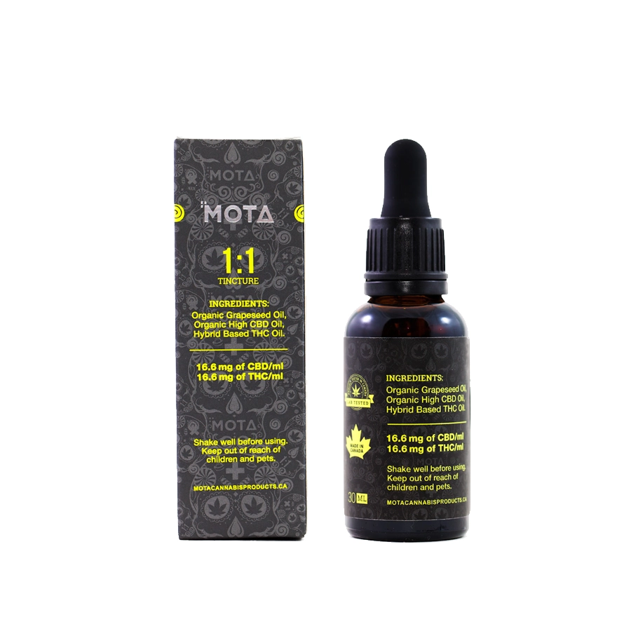 Back view of Mota 1:1 CBD THC Tincture box and bottle. The box lists the ingredients, including Organic Grapeseed Oil, Organic High CBD Oil, and Hybrid-Based THC Oil. The bottle label highlights the same ingredients and mentions a dosage of 16.6mg of CBD and 16.6mg of THC per ml