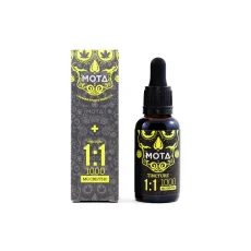 Front view of Mota 1:1 CBD THC Tincture box and bottle. The box is dark gray with bright yellow accents and displays 'MOTA 1:1' with '1000mg CBD/THC' beneath. The amber tincture bottle has a matching black label with the same 1:1 CBD/THC information and a black dropper cap