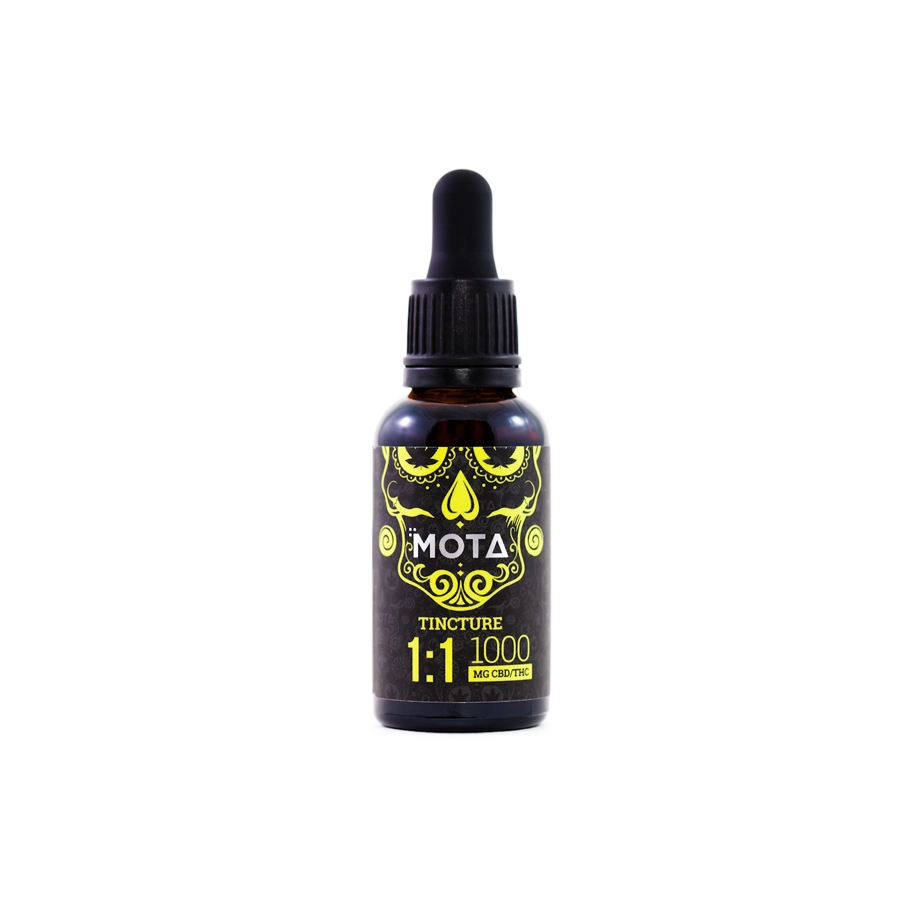 Front view of the Mota 1:1 CBD THC Tincture bottle. The amber bottle has a black label with a sugar skull design in yellow and 'MOTA 1:1' with '1000mg CBD/THC' displayed below. It features a black dropper cap