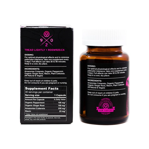 Back view of Room 920 Amazonian Cubensis mushroom capsules, highlighting dosage instructions, supplement facts, and the ingredients, including Amazonian Cubensis, Organic Peppermint, Organic Ginger Root, Niacin, and Plant Cellulose
