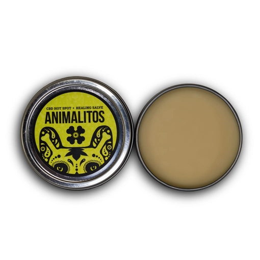 Animalitos Hot Spot Balm can with a dog on the front and an open can to the side