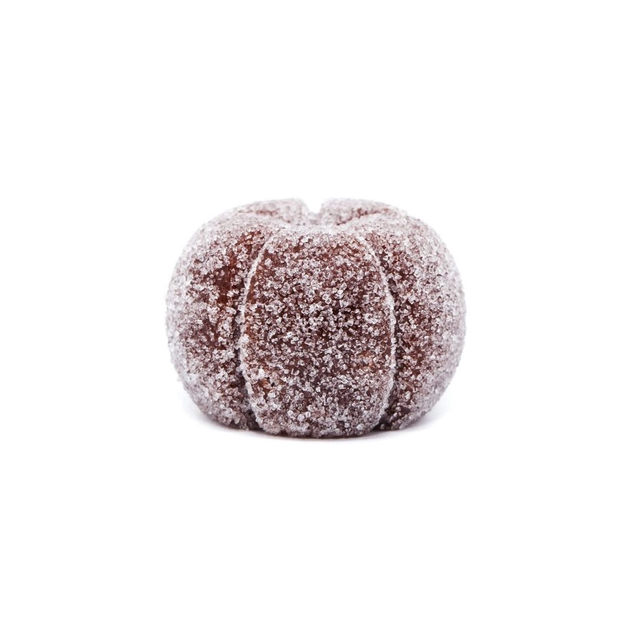 A close-up of the Mota Black THC Clear Sphere gummy, showing a round, sugar-coated, deep red jelly