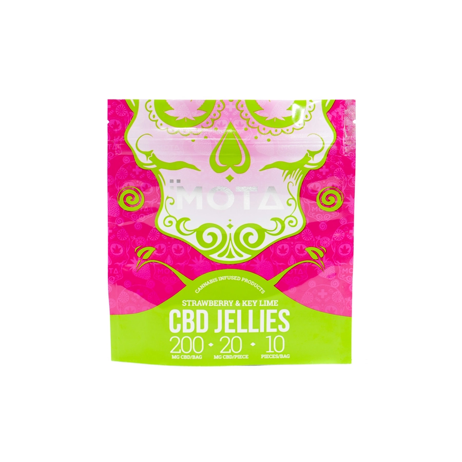 The front of the MOTA CBD Gummies Strawberry & Key Lime packaging in pink and green, clearly showing the product name and dosage information (200mg CBD per bag, 20mg CBD per piece) with 10 jellies per package
