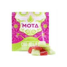 A front view of MOTA CBD Gummies Strawberry & Key Lime packaging, displaying a vibrant design with the product name and key information including 200mg CBD per bag and 20mg CBD per piece