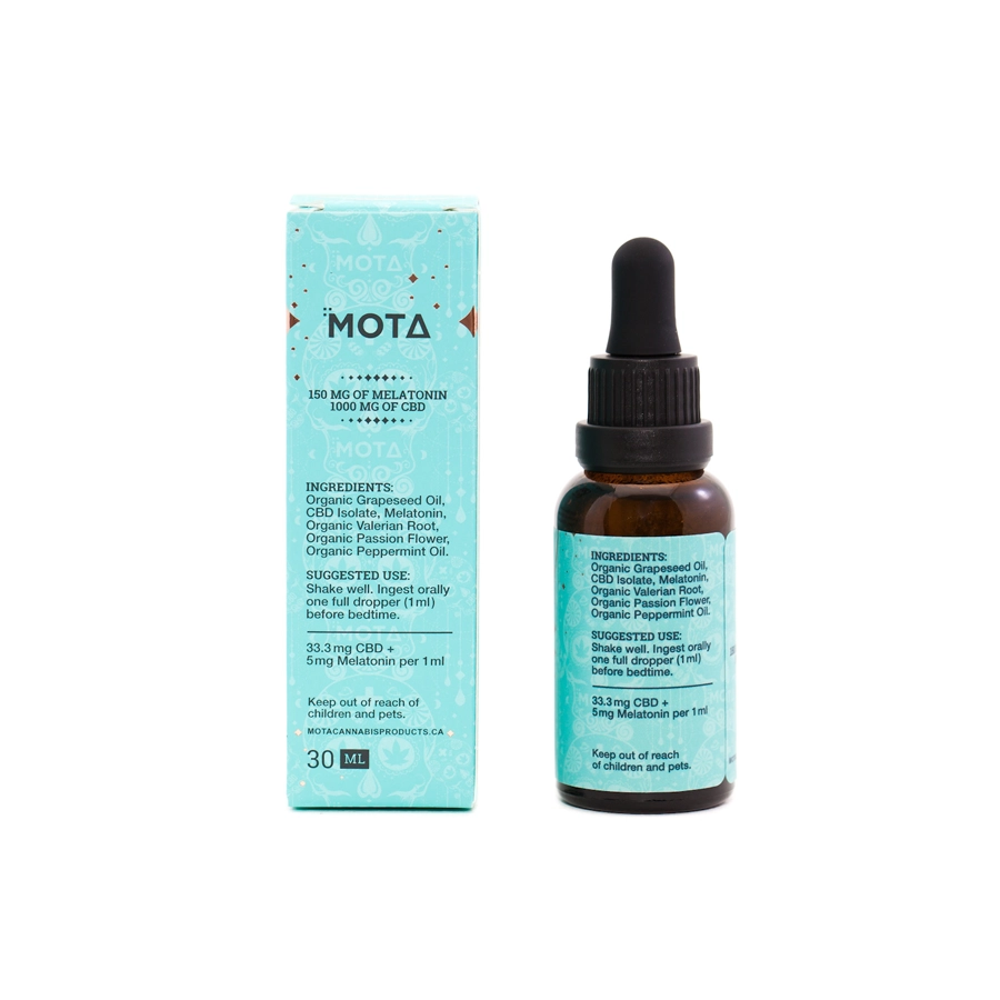 Back view of MOTA CBD Sleep Tincture box and bottle. The box lists the ingredients, including Organic Grapeseed Oil, CBD Isolate, Melatonin, Organic Valerian Root, Organic Passion Flower, and Organic Peppermint Oil. The amber tincture bottle has a matching turquoise label and black dropper cap