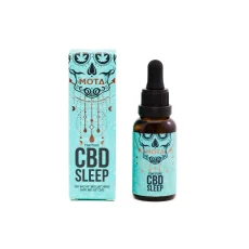Front view of MOTA CBD for Sleep Tincture box and bottle. The box is turquoise with a sugar skull design, featuring the words 'CBD Sleep' and '150 mg of Melatonin, 1000 mg of CBD.' The amber tincture bottle has a matching turquoise label with a black dropper cap, displaying 'CBD Sleep' and the same dosage information