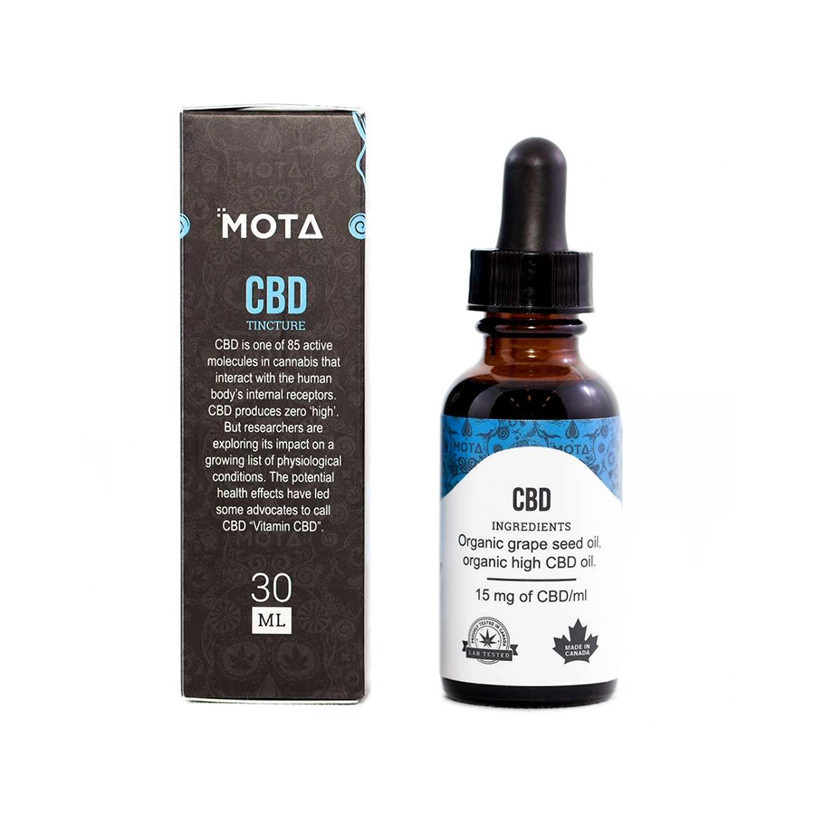 Back view of Mota Full Spectrum CBD Oil 450mg bottle and packaging, showing ingredients and usage instructions for the 30ml CBD tincture