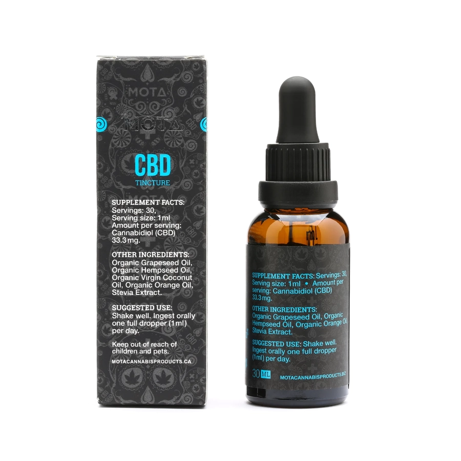 Back view of Mota Full Spectrum CBD Oil 1000mg bottle and packaging, showing ingredients and usage instructions for the 30ml CBD tincture