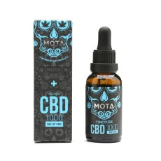 Mota Full Spectrum CBD Oil 1000mg bottle and packaging, featuring a dark box design with blue accents and text indicating THC-free CBD tincture