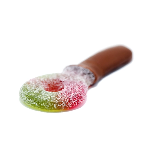 Close-up of MOTA Chocolate Dipped Sour Key from Weed Market, a colorful sour key coated in milk chocolate
