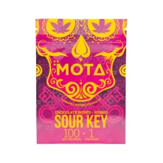 Front packaging of MOTA Chocolate Dipped Sour Key from Weed Market, featuring 100mg THC and hybrid strain