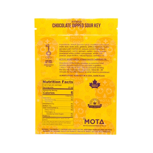 Back packaging of MOTA Chocolate Dipped Sour Key from Weed Market, showing ingredients, nutrition facts, and product information