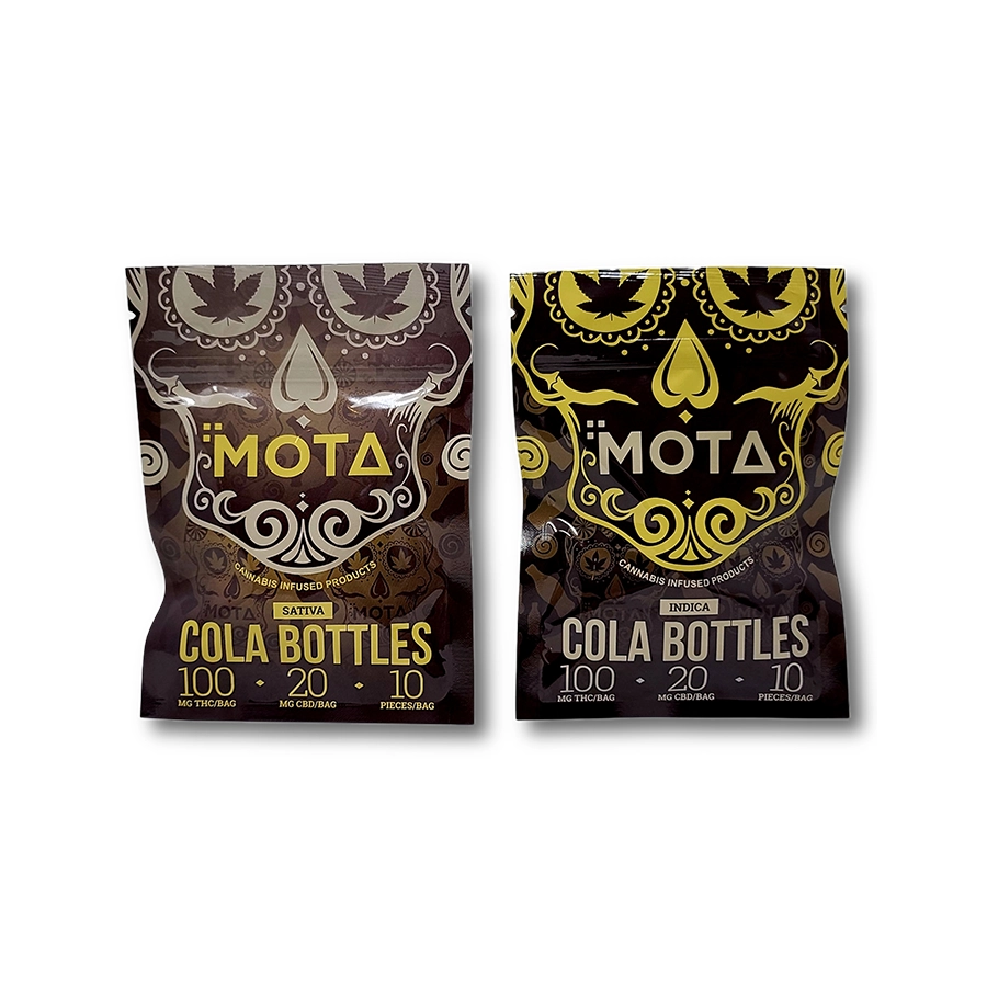 Two MOTA Cola Bottles packages side by side. One package is Sativa, and the other is Indica. Both packages contain 100mg THC and 20mg CBD, with 10 gummies in each