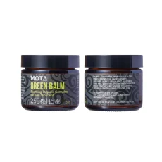 Front and back views of MOTA Green Balm 2oz, a cannabis-infused ointment containing 250mg THC and 15mg CBD, used for muscle pain, arthritis, and dry skin relief. The jar showcases the ingredients and benefits, including organic shea butter, coconut oil, and essential oils