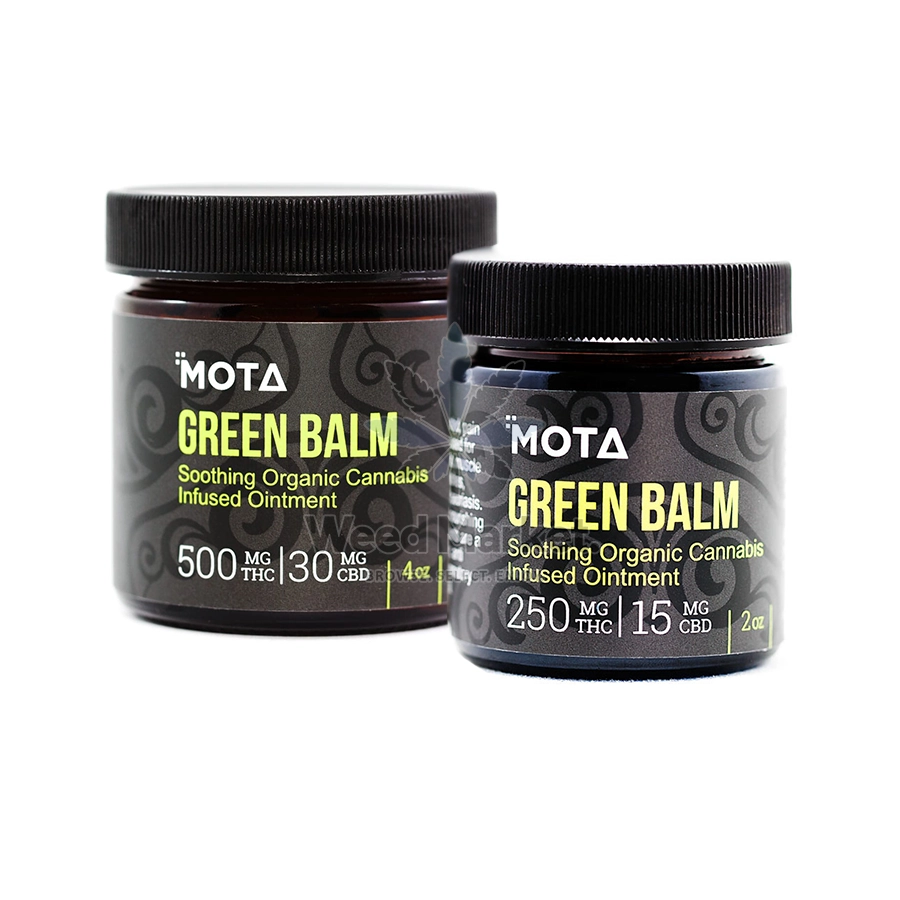 MOTA Green Balm shown in two sizes — 4oz and 2oz jars. The 4oz contains 500mg THC and 30mg CBD, while the 2oz contains 250mg THC and 15mg CBD. Both jars are labeled for their muscle and skin healing properties.