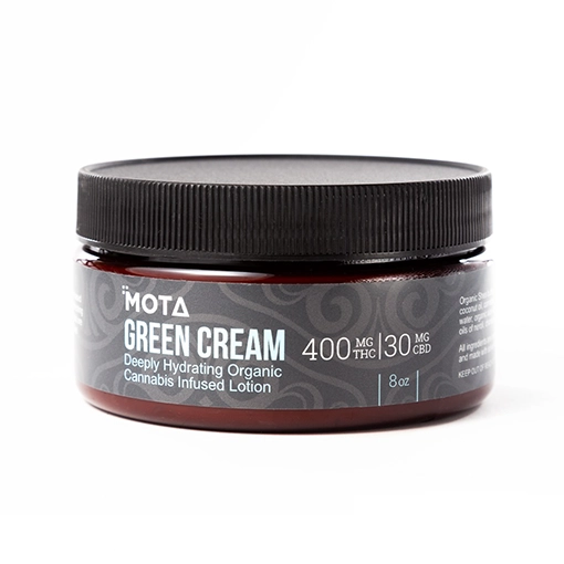 MOTA Green CBD THC Cream jar with label showing 400mg THC and 30mg CBD, deeply hydrating organic cannabis-infused lotion, 8oz size.