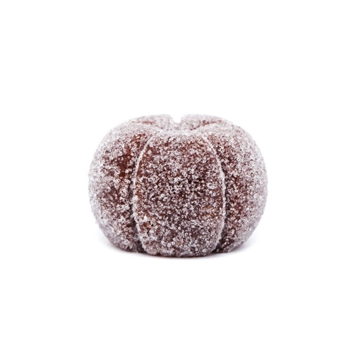 Close-up of the MOTA Cannabis Magnum Clear Sphere from Weed Market, a black cherry gummy with sugar coating.