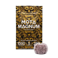 Packaging of MOTA Cannabis Magnum Clear Sphere from Weed Market, featuring a black cherry flavor with 1000mg THC