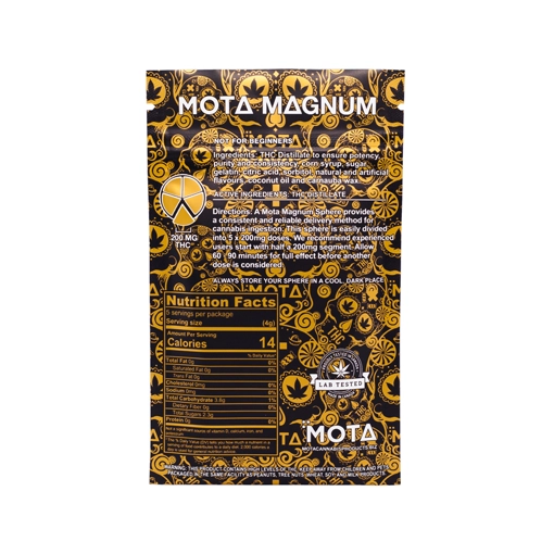 Back packaging of MOTA Cannabis Magnum Clear Sphere from Weed Market, showing ingredients, nutrition facts, and product information