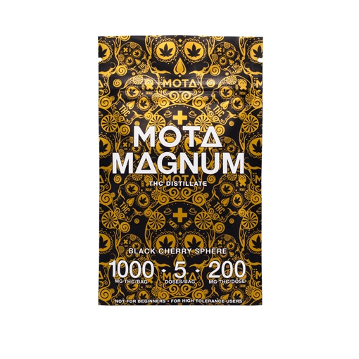 Front packaging of MOTA Cannabis Magnum Clear Sphere from Weed Market, featuring 1000mg THC and black cherry flavor
