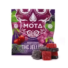 Weed Market MOTA Mixed Fruit 2000mg THC Gummies packaging with a stack of red and purple gummies in front