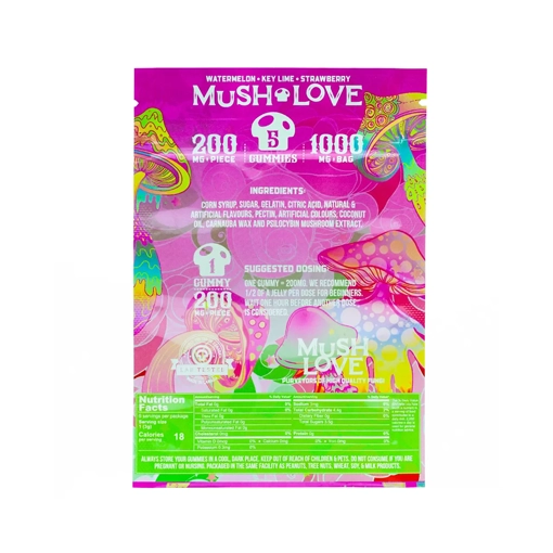 Back packaging of MOTA Mush Love Mushroom Gummy from Weed Market, showing ingredients, suggested dosing, and nutrition facts