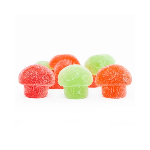 MOTA Mush Love Mushroom Gummies from Weed Market in red, green, and orange mushroom shapes