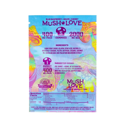 Back packaging of MOTA Mushroom Gummies from Weed Market, showing ingredients, suggested dosing, and nutrition facts
