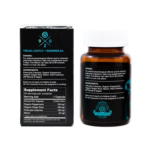 Back of Room 920 Psilocybe Cubensis Capsules bottle and box, highlighting supplement facts, ingredients, and dosing recommendations
