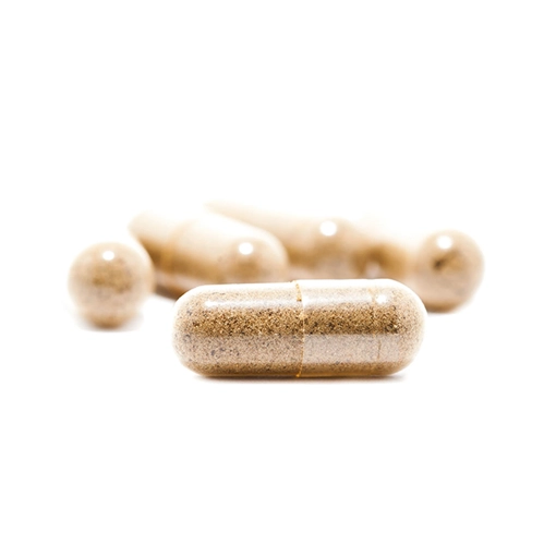Close-up of Room 920 Golden Teacher Mushroom Capsules, showcasing a clear view of the capsules' texture and natural ingredients.