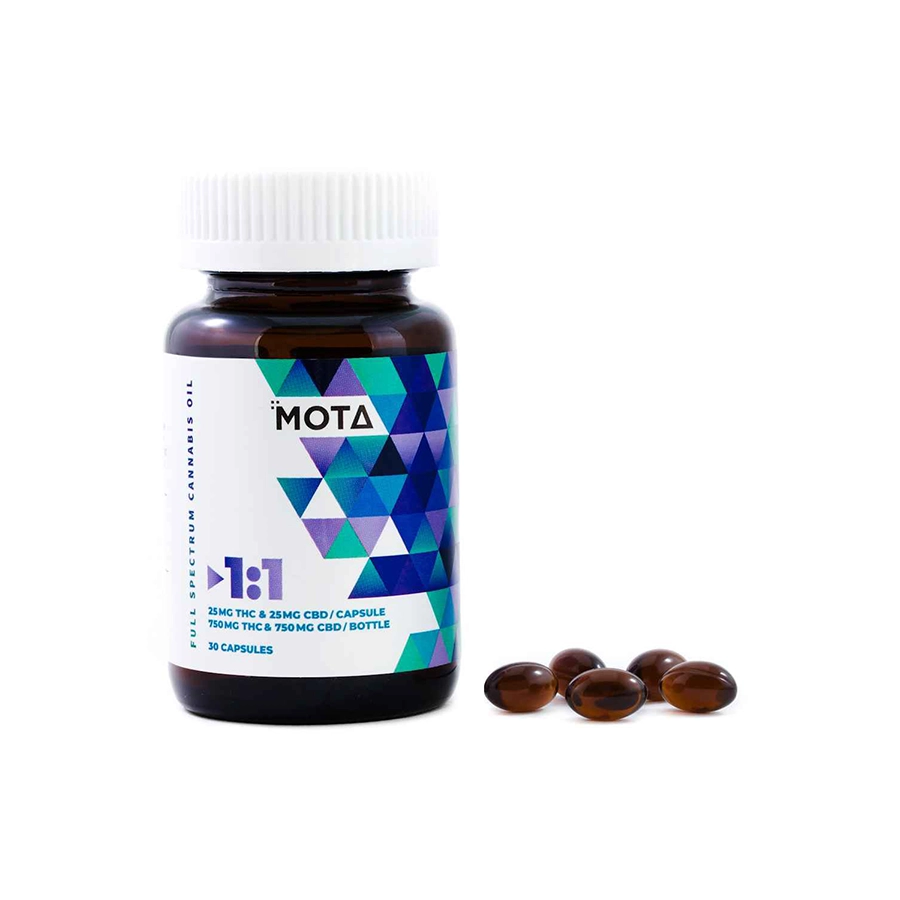 Mota THC 1:1 Capsules bottle with four soft gel capsules shown beside it