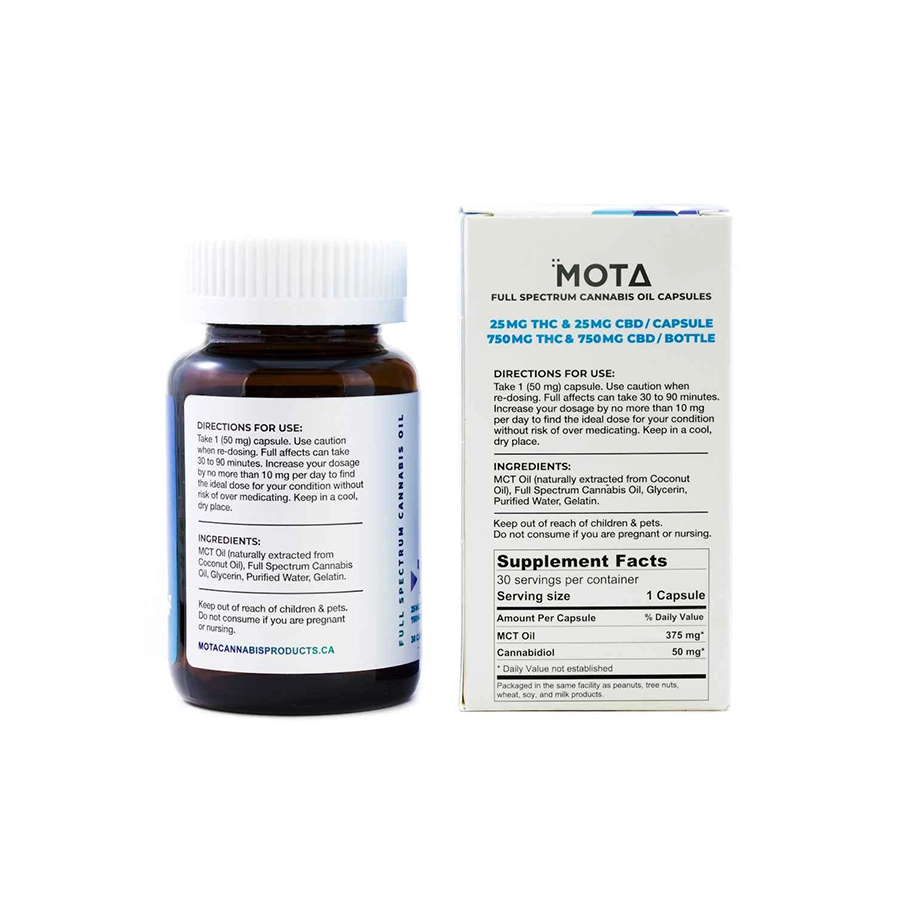 Mota THC 1:1 Capsules bottle back label with ingredients and instructions alongside packaging box