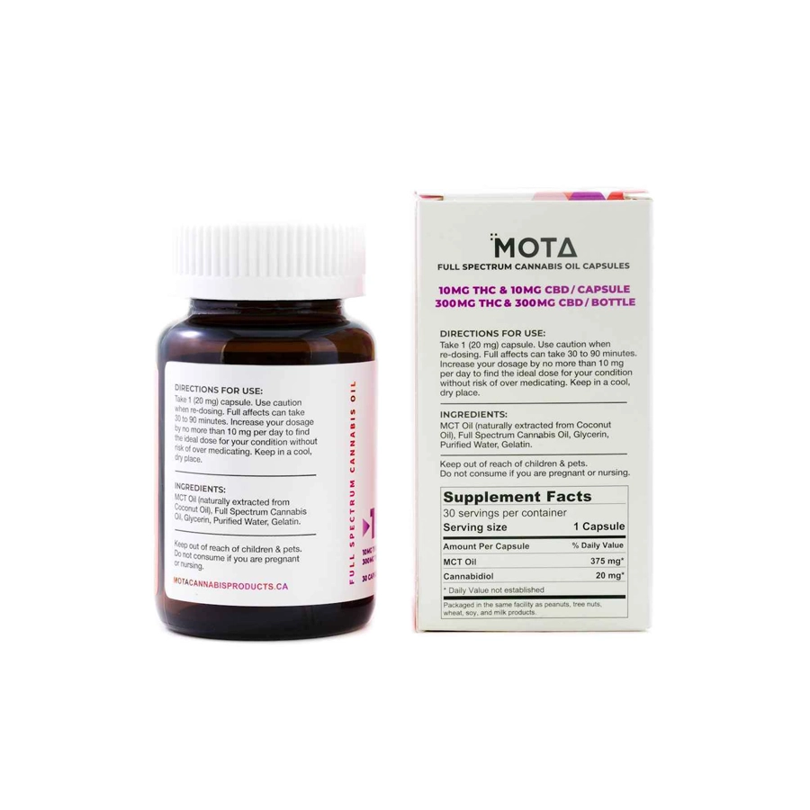 Mota THC 1 to 1 bottle with visible ingredients, directions for use, and supplement facts, placed beside the box with similar design.