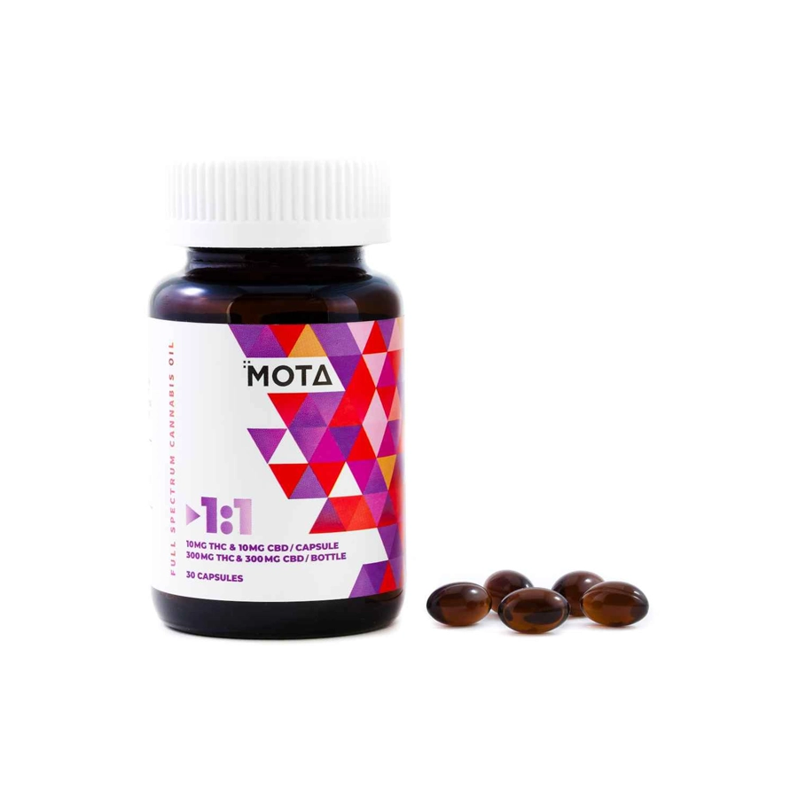 Mota THC 1 to 1 bottle with a close-up view showing its label and capsules next to it.