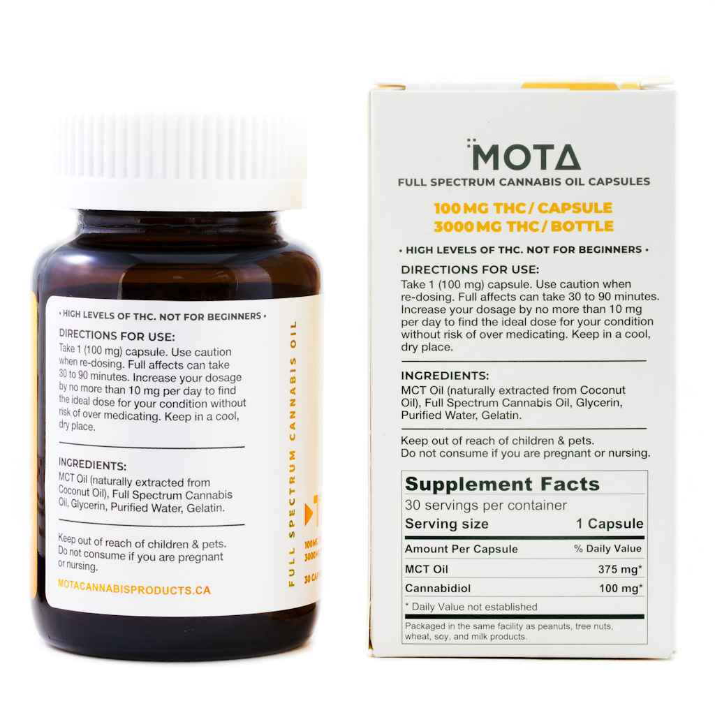 Back view of MOTA THC Weed Pills bottle and packaging, showing ingredient list and directions for use with a focus on 100mg THC per capsule