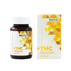 MOTA THC Weed Pills bottle and packaging displaying 100mg THC per capsule, 3000mg THC per bottle. The packaging features a geometric yellow design